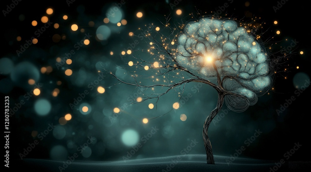 Poster illuminated brain tree ai neural network data growth concept art