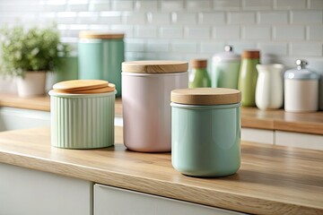 Soft pastel storage boxes organize your modern kitchen, creating a minimalist, organized countertop.
