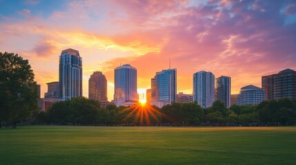 Obraz premium skyline of a city with tall buildings and sunset