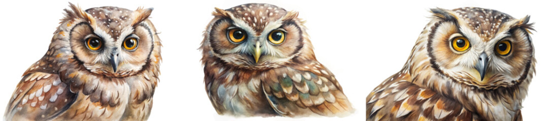 Obraz premium Realistic owl portraits, detailed feathers, vibrant eyes, wildlife art, nature illustration, animal representation, artistic design.