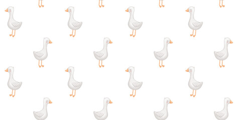 Baby seamless pattern with watercolor cute goose, animal character illustration