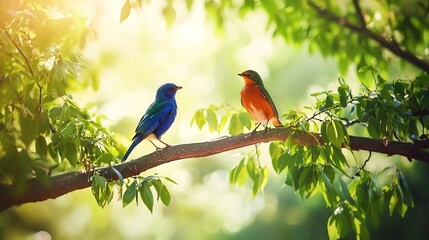 Two colorful birds on a branch, sunny day, outdoors, nature scene, ideal for prints or screens