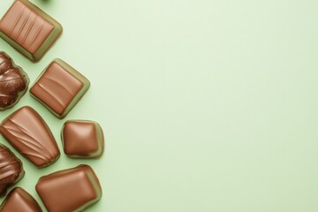 Fototapeta premium Delicious assortment of chocolate pieces on soft green backgroun