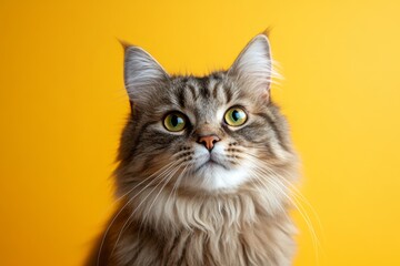 Portrait of funny fat cat staring at camera on bright yellow studio background, closeup shot of pet face expression
