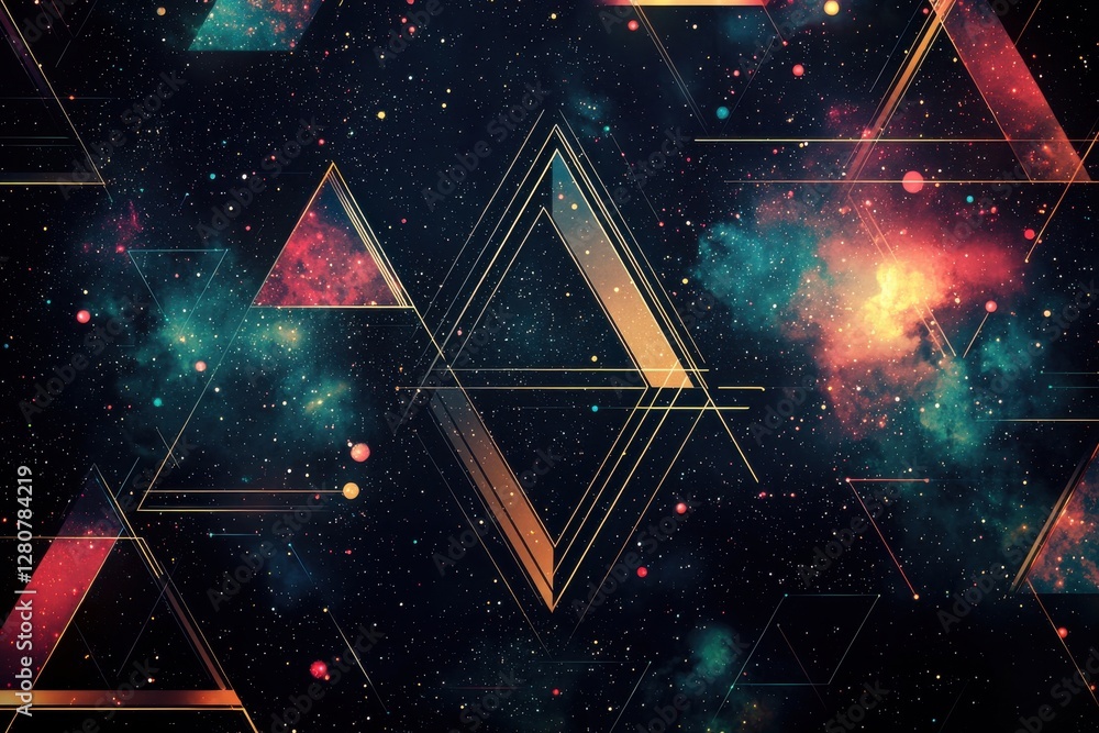Poster a mesmerizing geometric space background with triangles and starry nebula texture, showcasing a cosm