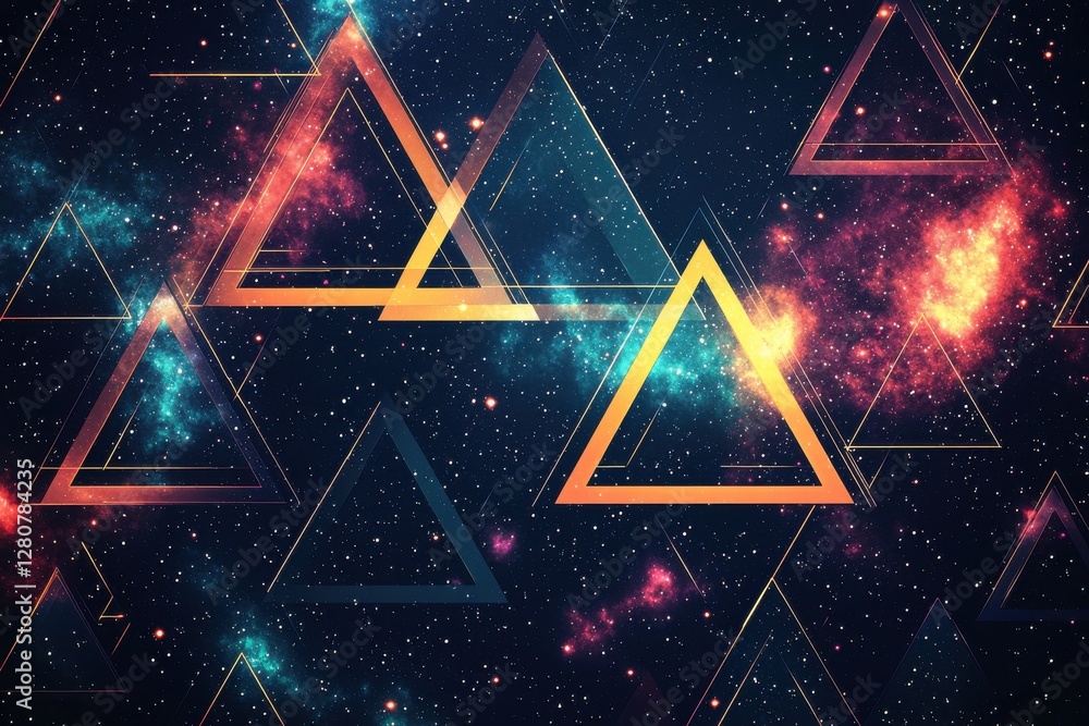 Poster abstract space background with glowing triangles and a vibrant galaxy, featuring star clusters and n
