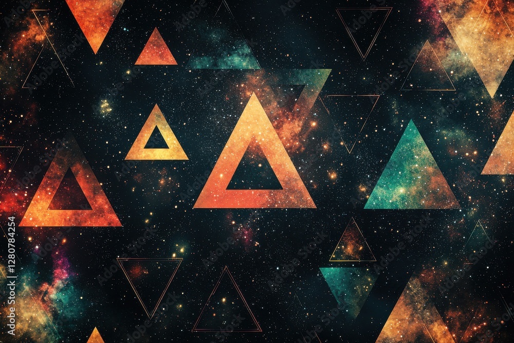 Poster a captivating cosmic tapestry featuring floating triangles against a backdrop of vibrant galaxies an