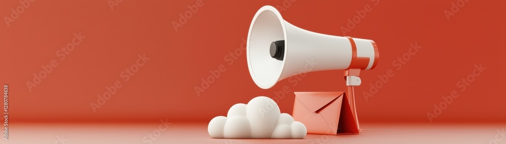 Poster colorful megaphone with envelope and clouds on orange background representing communication and mark