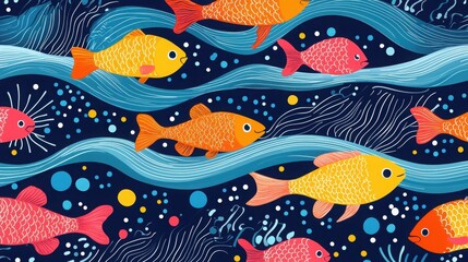 Vibrant illustration of colorful fish swimming in wavy ocean currents. A whimsical underwater scene with bright hues and playful patterns.