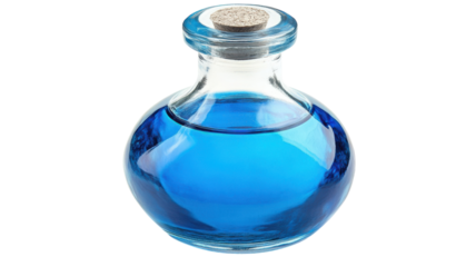 Enchanting blue liquid contained in a beautifully shaped glass bottle on a wooden surface