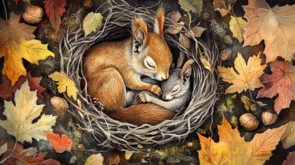 Fototapeta premium Squirrels cuddling in a cozy nest surrounded by autumn leaves in a tranquil forest setting