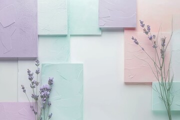 A delicate pastel floral scene featuring sprigs of lavender against textured pastel-painted blocks, creating a soothing and artistic composition with ample copy space.