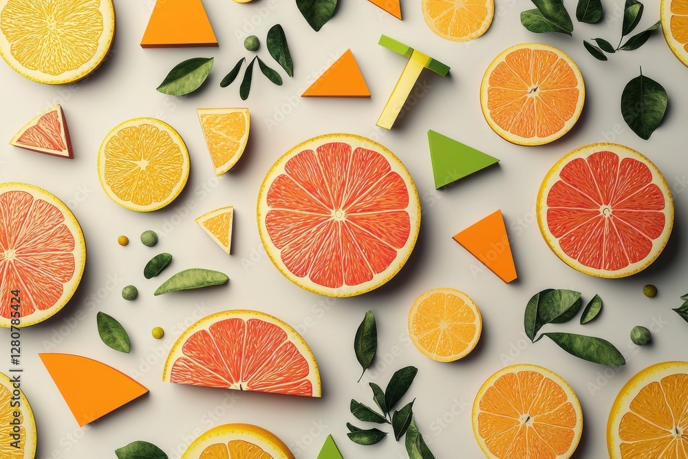 Poster overhead arrangement of citrus fruit slices, geometric shapes, and leaves create a visually appealin
