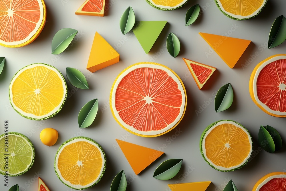 Poster flat lay of citrus fruit slices, three-dimensional triangles and leaves arranged against a light gra