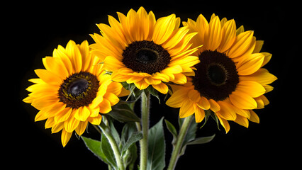 Fototapeta premium Three Vibrant Sunflowers with Dark Centers Against a Dramatic Black Background