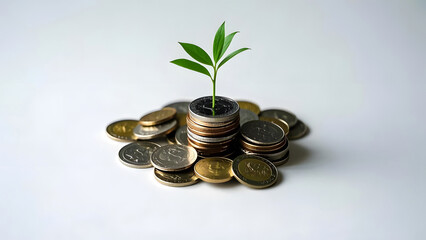 A small tree grows from a pile of coins, symbolizing finance and growth. and the connection between nature and finance.