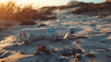 A broken and crumpled plastic bottle on a sandy beach