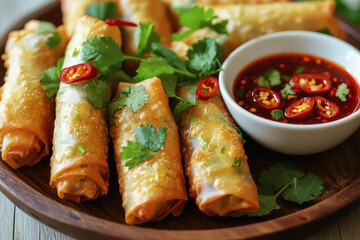 Crispy spring rolls beautifully arranged with fresh coriander and a spicy dipping sauce, a tantalizing appetizer on a wooden plate, prepared with great care and attention.