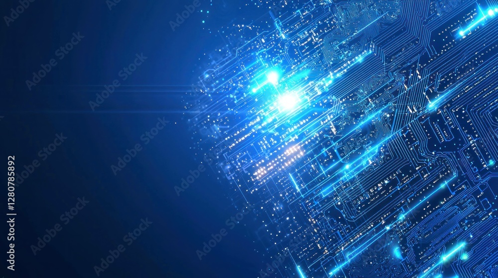 Poster futuristic abstract illustration of blue glowing circuit board patterns representing technology and 
