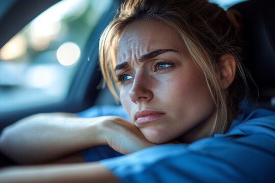 Work-life balance of healthcare worker. Tired nurse crying in car, going home after hard work day, doctor feeling exhausted