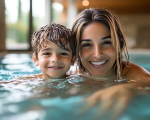 Mother and Son Swimming in Indoor Pool
