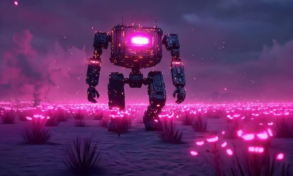 Giant robot walks alien field, pink glow, night