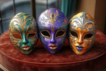 Naklejka premium Three ornate masquerade masks in vibrant colors, showcasing intricate designs and gold embellishments, set on a plush surface.
