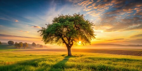 Fototapeta premium Solitary apple tree silhouetted against a vibrant sunrise, painting a scenic vertical landscape.