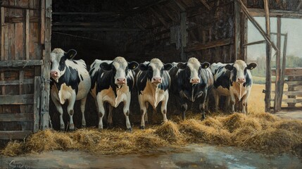 Holstein Cows in Barn with Full Utters Surrounded by Hay &acirc;&euro;&ldquo; Dairy Cattle Ready for Milking