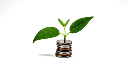 A small tree grows from a pile of coins, symbolizing finance and growth. and the connection between nature and finance.