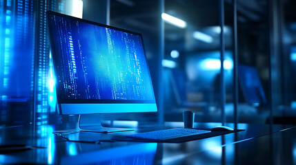 A bright blue computer screen illuminating a dark room