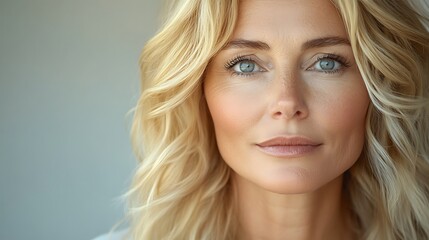 Naklejka premium Woman's portrait, indoor, serious, neutral background