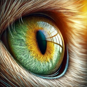 Makroaufnahme eines Katzenauges mit faszinierenden Details der Iris, lebhaften Gr&uuml;n- und Goldt&ouml;nen sowie einer reflektierenden Pupille. Ausdrucksstark und hypnotisierend.