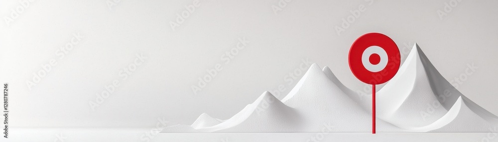 Poster abstract minimalist landscape with white mountains and a red circular sign on a soft gray background