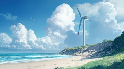 Coastal Breeze, Wind Turbine Overlooking a Tranquil Sandy Beach