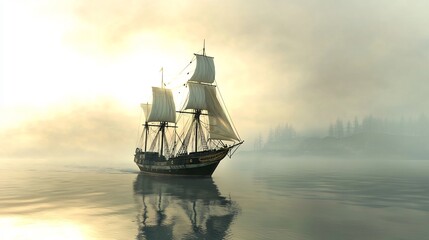 Fototapeta premium Sailing ship at sunrise, misty coast, calm sea, adventure travel