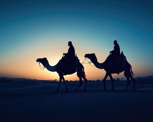 Silhouettes of Three Wise Men on Camels Against a Dusk Desert Sky - Festive Journey to Bethlehem