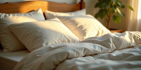 Golden sunlight illuminates a neatly made bed with soft, plush pillows and comforter