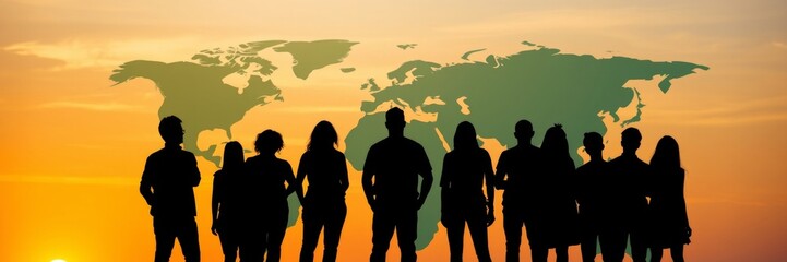 Fototapeta premium Diverse individuals silhouetted against sunset world map, global unity