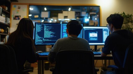 Collaborative Team Analyzing Source Codes on Laptop and Monitor in Modern Development Workspace