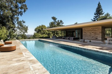 Contemporary California Poolside Oasis with Sleek Home Exterior - Tranquil 3D Rendering