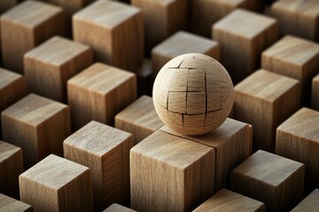 Distinctive Sphere Among Wooden Blocks: Symbolizing Brand Recognition and Unique Business Identity in a Competitive Landscape