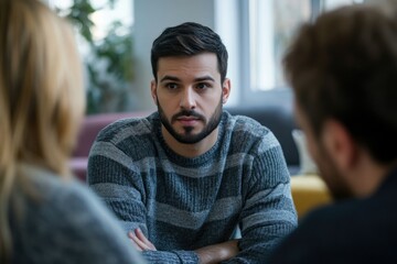 Young Man Engaged in Intervention Therapy Meeting with Family and Psychologist Focusing on Addiction Recovery