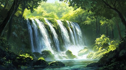 Waterfall cascading in a dense green forest