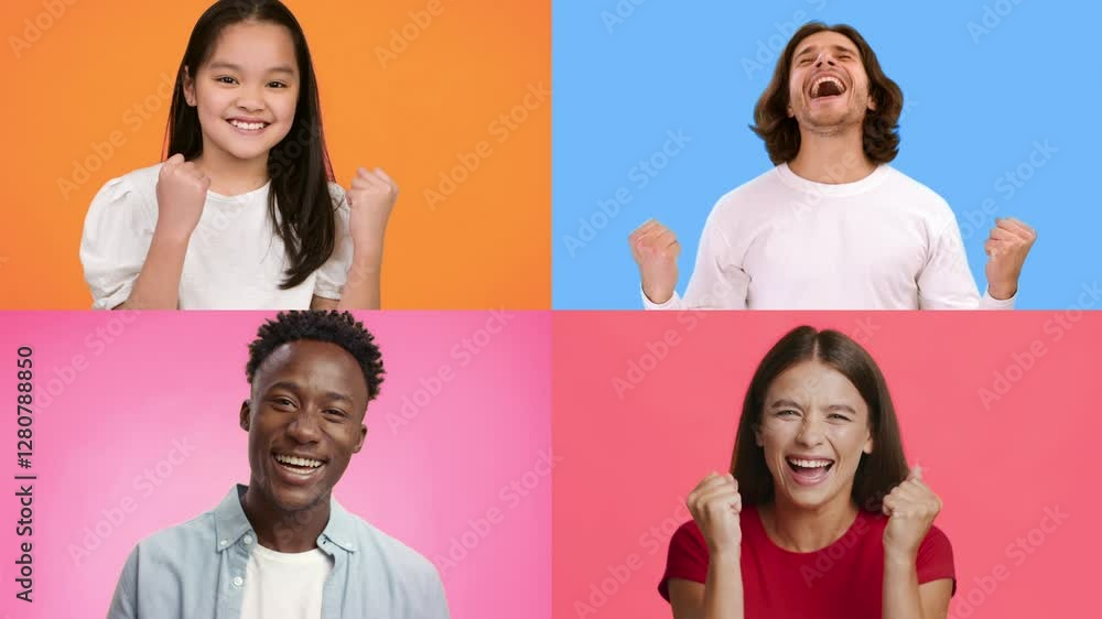 Aufkleber a diverse group of adults and kids expresses joy and excitement with cheers and victorious gestures.