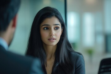 Fototapeta premium Engaged Indian Female Client in Discussion with Financial Advisor in Contemporary Office Setting