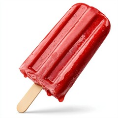 Red popsicle with vibrant red liquid drips on a white surface creating a colorful dessert scene