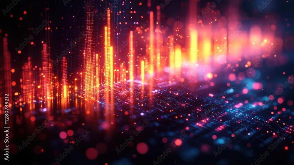 Poster abstract digital soundwave visualization with vibrant colors and glowing particles in a dark backgro