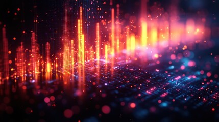 Obraz premium Abstract digital soundwave visualization with vibrant colors and glowing particles in a dark background