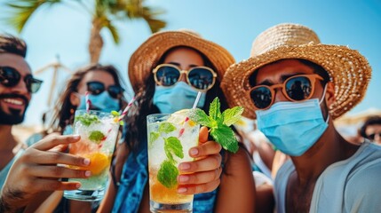 Joyful Gathering: Multiracial Friends Enjoying Cocktails at a Beach Bar with Masks for Fun and Safety Amidst Coronavirus